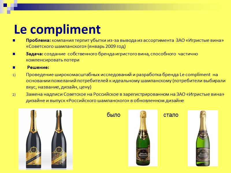Le compliment Проблема: компания терпит убытки из-за вывода из ассортимента  ЗАО «Игристые вина»